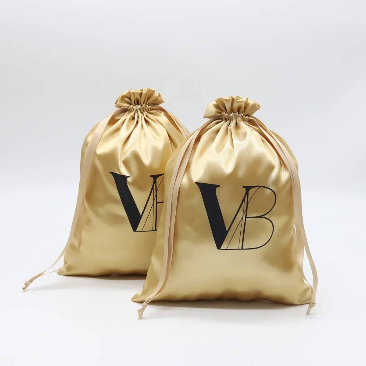 Luxury Gold Logo Printing Satin Shoe Underwear Swimsuit Packaging Drawstring Pouch Hair Bundle Promotion Dust Satin Shopping Bag