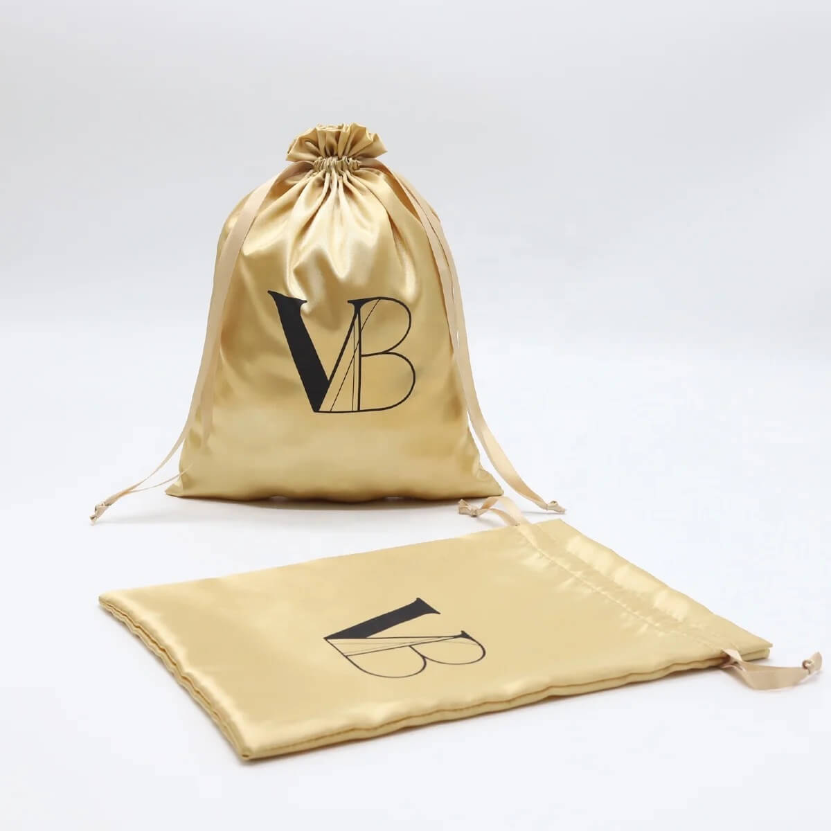 Luxury Gold Logo Printing Satin Shoe Underwear Swimsuit Packaging Drawstring Pouch Hair Bundle Promotion Dust Satin Shopping Bag