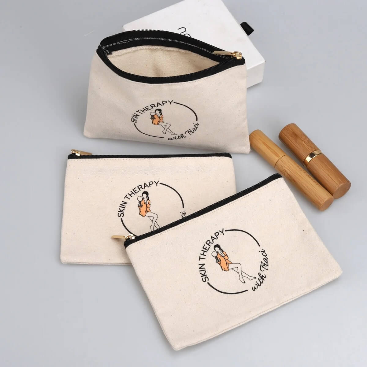 Custom Different Size Canvas Travel Cosmetic Zipper Dust Bag Recycle Girl Skincare Packaging Canvas Makeup Pouch