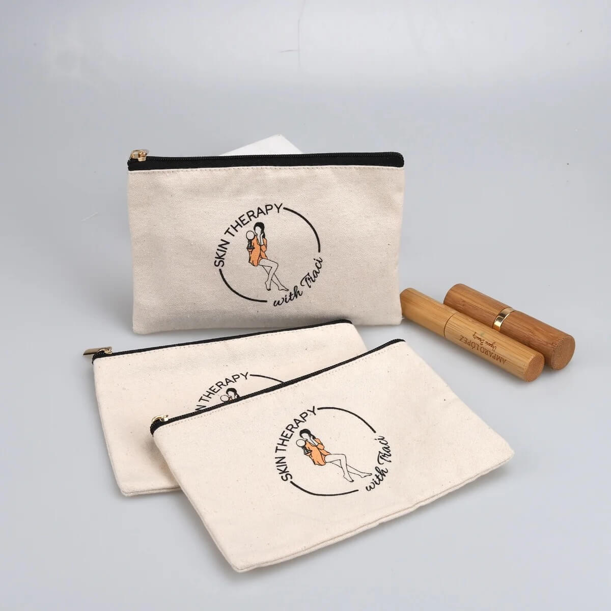 Custom Different Size Canvas Travel Cosmetic Zipper Dust Bag Recycle Girl Skincare Packaging Canvas Makeup Pouch