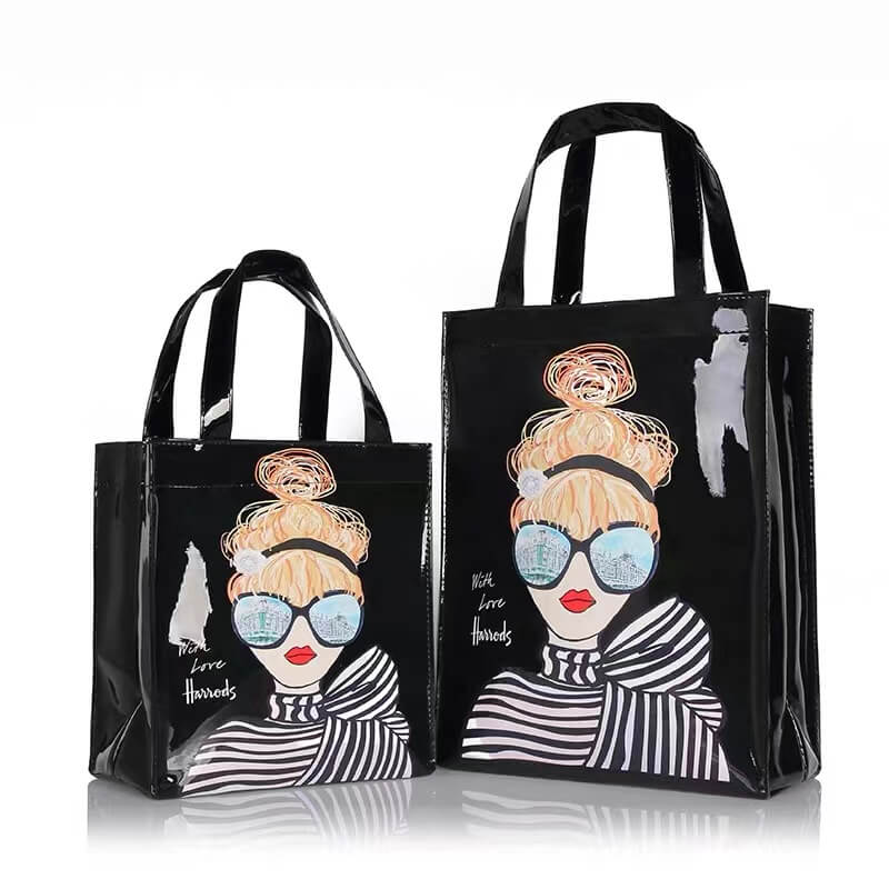 Custom fashionable print design glossy mirror tote handle shopping bag with logo waterproof PVC harrods tote bag