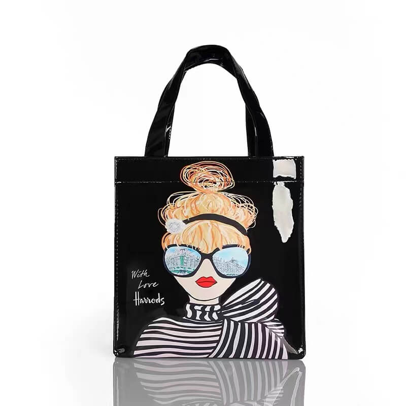 Custom fashionable print design glossy mirror tote handle shopping bag with logo waterproof PVC harrods tote bag