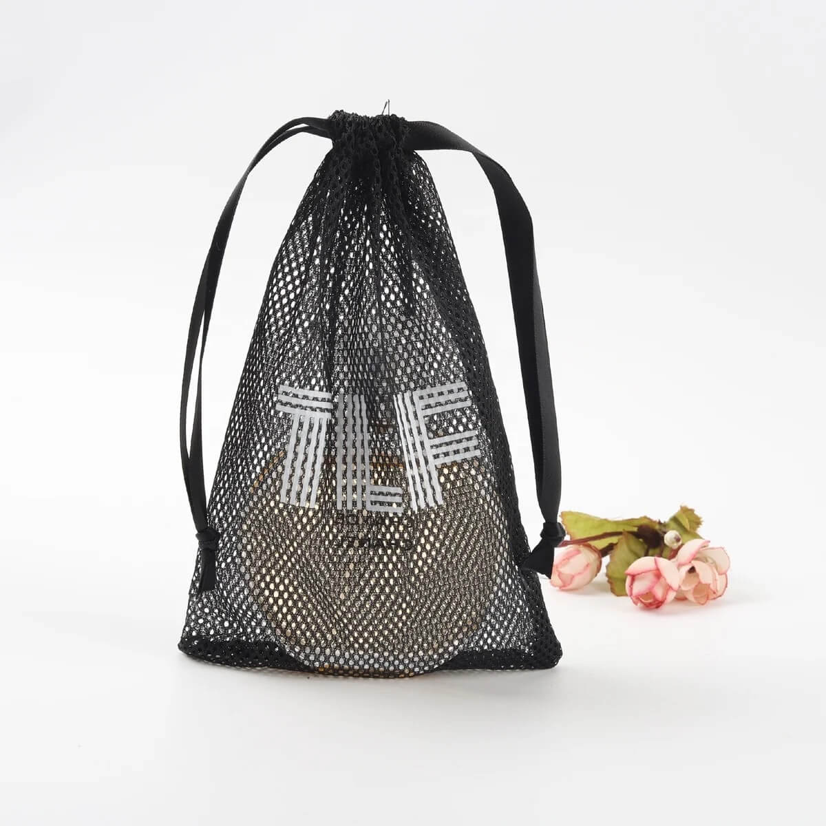 Custom Logo Printing Black White Nylon Mesh Gift Packaging Bag Luxury Drawstring Mesh Pouch For Shoe