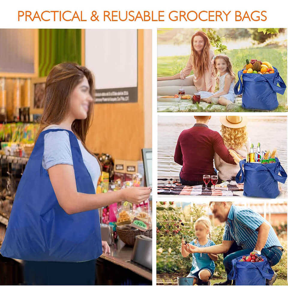 RPET Eco Friendly Reusable Grocery Bags Foldable Ripstop 210D Polyester Shopping Bags Collapsible Durable Shopping Tote Bags